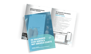Ein Foto eines Whitepapers über Service Chats für die Industrie. Auf dem Titelfoto ist eine Hand abgebildet, die auf eine Anwendung auf einem Smartphone tippt. Die weiße Überschrift auf türkisem Hintergrund darüber lautet: In Sekunden zum Service mit Service Chats