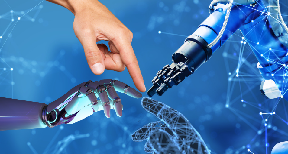 Human finger, robot, AI and AR finger touch each other. Collaboration as an opportunity. Recognise further developments in robotics, AI and AI as support and make use of them.