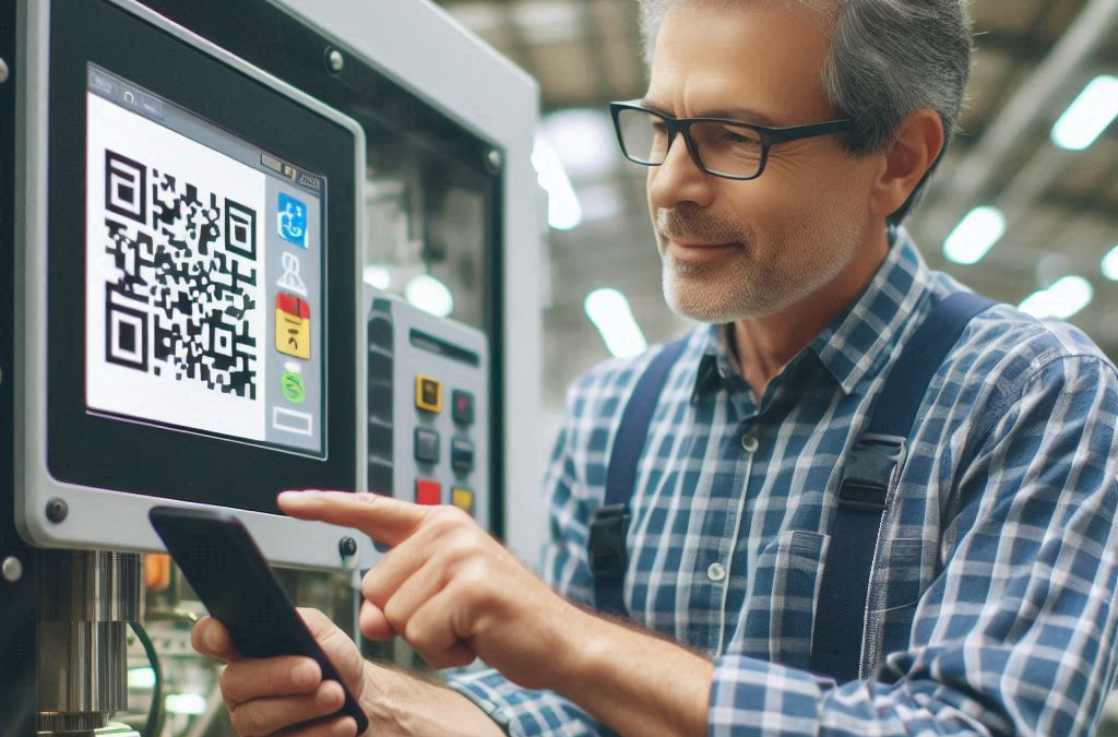 QR-code & NFC-tag für eine effiziente Maschinenwartung: Arbeiter steht an einer Maschine mit QR-code. Mit seinem Handy hat er eine Serviceseite über den QR-code geöffnet.